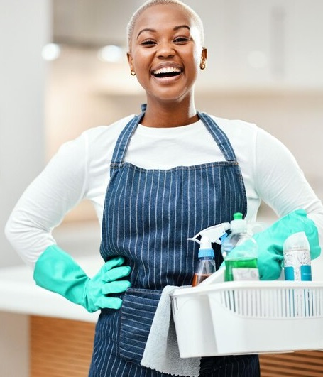 About us laughing portrait black woman with cleaning bucket home service working dirt smile start african worker house with product housekeeping pride cleaner uniform 590464 203007